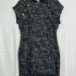 Black White Silver Blue Twead Embellished Mini Dress With Buttoned Short Sleeves